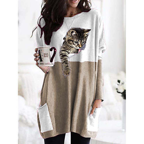 

Women's T shirt Cat Graphic 3D Long Sleeve Pocket Round Neck Tops Basic Basic Top Black Orange Khaki