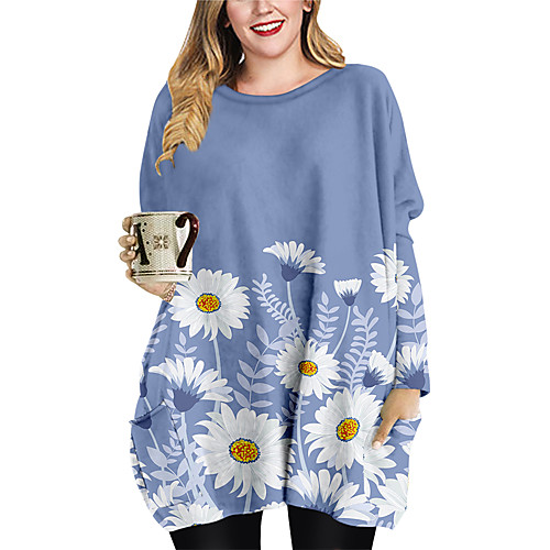 

Women's Plus Size Dresses Shift Dress Short Mini Dress Long Sleeve Floral Graphic Print Casual Autumn / Fall Blue XL XXL 3XL 4XL 5XL