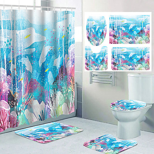 

All Kinds of Colorful Flowers and Digital Printing Waterproof Fabric Shower Curtains for Bathroom Home Decoration Curtains with Hooks Bathroom Four-piece Set