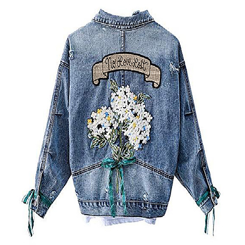 

Women's Embroidered Flower Long Sleeve Cropped Boyfriend Denim Jean Jacket Blue