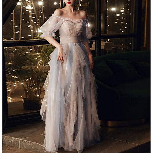 

A-Line Color Block Elegant Wedding Guest Prom Dress Scoop Neck Half Sleeve Floor Length Tulle with Pleats Ruffles 2021