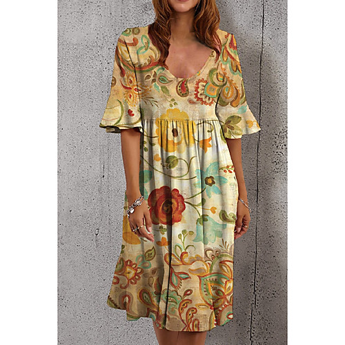 

Women's A Line Dress Knee Length Dress Yellow Half Sleeve Color Block Print Summer Round Neck Casual 2021 S M L XL XXL 3XL