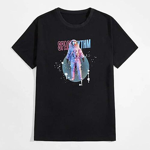 

Men's Unisex Tees T shirt Hot Stamping Graphic Prints Astronaut Plus Size Print Short Sleeve Casual Tops 100% Cotton Basic Designer Big and Tall Black
