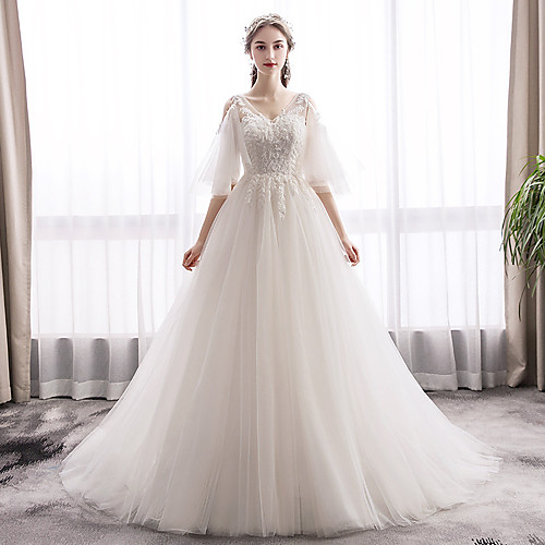 

Princess A-Line Wedding Dresses V Neck Sweep / Brush Train Lace Tulle Half Sleeve Romantic with Pleats Appliques 2021