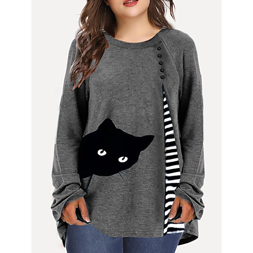 

Women's Plus Size Striped Cat Animal T shirt Large Size Crewneck Long Sleeve Basic Tops S M L Blue Wine Dark Blue Big Size / 100% Cotton