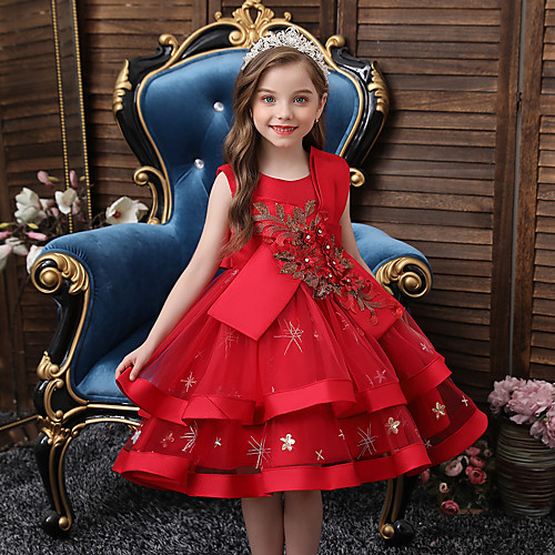 

Princess / Ball Gown Knee Length Wedding / Party Flower Girl Dresses - Tulle Sleeveless Jewel Neck with Tier / Appliques