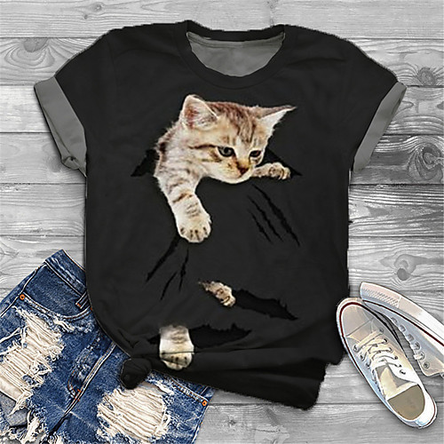 

Women's Plus Size Print Cat Graphic Animal T shirt Large Size Crewneck Short Sleeve Basic Tops XL XXL 3XL Black Big Size