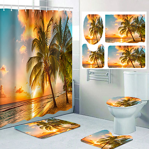 

Twilight Sun Seaside Coconut Tree Print Bathroom Shower Curtain Leisure Toilet Four-piece Set