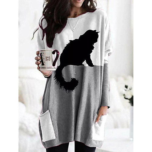 

Women's T shirt Cartoon Graphic Animal Long Sleeve Pocket Round Neck Tops Basic Basic Top Black Orange Khaki