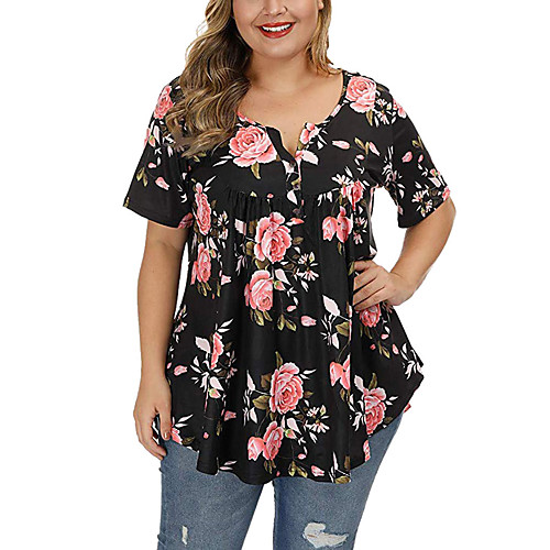 

Women's Plus Size Ruffle Print Floral Blouse Large Size V Neck Short Sleeve Streetwear Tops L XL XXL White Black Blue Big Size