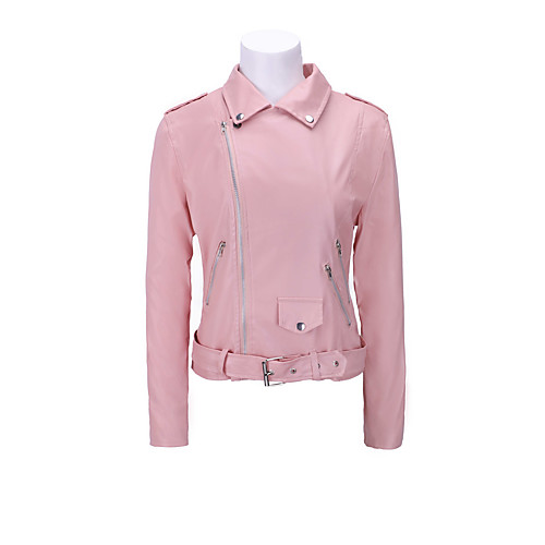 

Women's Solid Colored Fall & Winter Shirt Collar Faux Leather Jacket Regular Daily Long Sleeve PU Coat Tops Blushing Pink