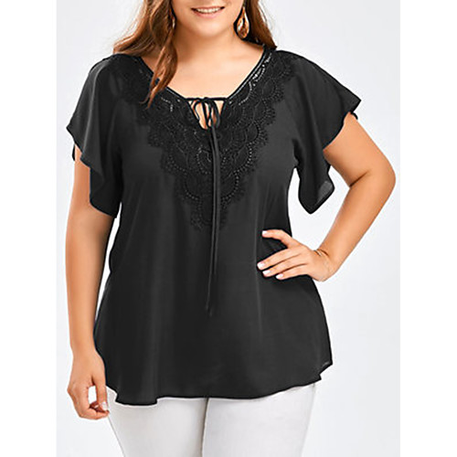 

Women's Plus Size Drawstring Plain Blouse Large Size V Neck Short Sleeve Streetwear Tops XL XXL 3XL Black Blue Purple Big Size / Cotton