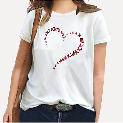 

Women's Plus Size Print Graphic Heart Floral T shirt Large Size Round Neck Short Sleeve Tops XL XXL 3XL White Black Blue Big Size / 100% Cotton
