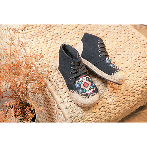

Women's Sneakers Cuban Heel Round Toe Booties Ankle Boots Canvas Tissage Volant Lace-up Floral White Black Light Red