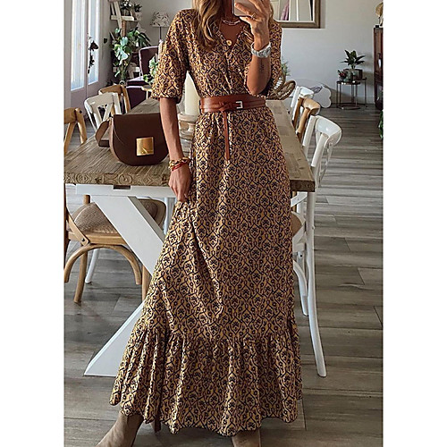 

Women's Swing Dress Maxi long Dress khaki Half Sleeve Print Color Block Patchwork Print Summer V Neck Casual 2021 S M L XL