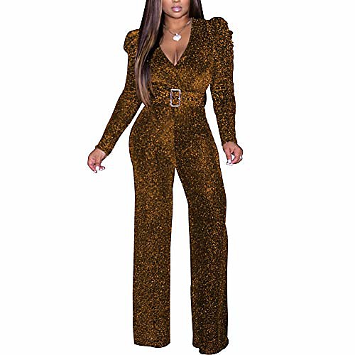 

jumpsuits for women casual - sequin jumpsuits for women sexy sparkly jumpsuits clubwear v neck long sleeve elegant party rompers with belt gold