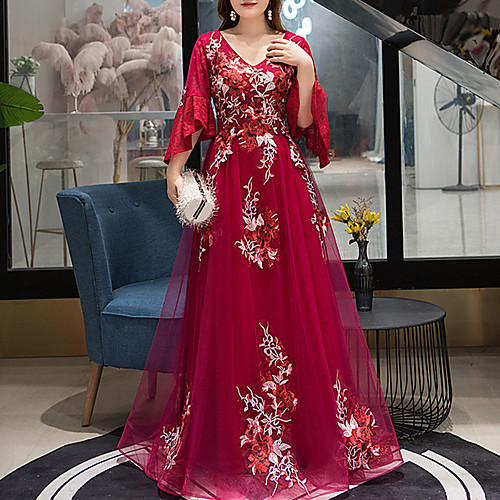 

A-Line Elegant Floral Engagement Formal Evening Dress V Neck 3/4 Length Sleeve Floor Length Tulle with Embroidery 2021