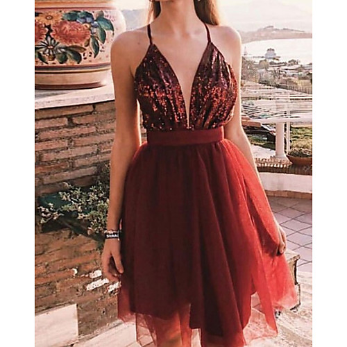 

A-Line Beautiful Back Sexy Homecoming Cocktail Party Dress Spaghetti Strap Sleeveless Short / Mini Sequined with Pleats 2021