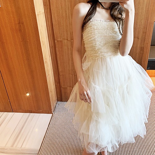 

A-Line Elegant Vintage Wedding Guest Cocktail Party Dress Spaghetti Strap Sleeveless Tea Length Tulle with Ruched Tier 2021