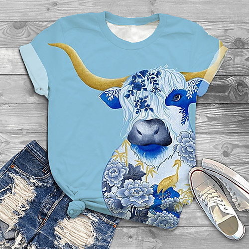 

Women's Plus Size Print Graphic Cattle Animal T shirt Large Size Round Neck Short Sleeve Tops XL XXL 3XL Blue Big Size