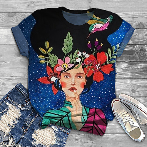 

Women's Plus Size Print Graphic Floral Portrait T shirt Large Size Crewneck Short Sleeve Basic Tops XL XXL 3XL Blue Big Size