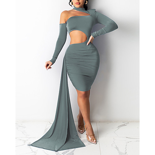 

Women's Sheath Dress Short Mini Dress Black Blue Red Fuchsia Beige Light Blue Long Sleeve Solid Color Hollow To Waist Summer Round Neck Sexy 2021 S M L XL XXL 3XL 4XL