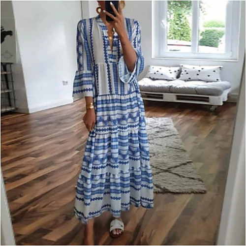 

Women's Swing Dress Maxi long Dress Blue 3/4 Length Sleeve Geometric Print Spring Summer V Neck Boho Holiday Flare Cuff Sleeve Loose 2021 S M L XL XXL 3XL