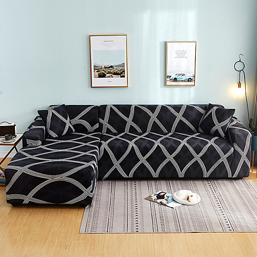 

Gray Check Print Dustproof All-powerful Slipcovers Stretch L Shape Sofa Cover Super Soft Fabric Couch Cover with One Free Pillow Case