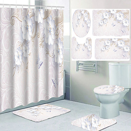 

Flower Pattern Printing Bathroom Shower Curtain Leisure Toilet Four-piece Design