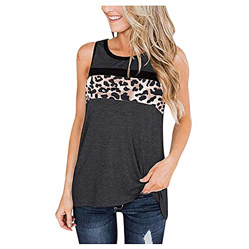 

meikosks women's leopard print color block t-shirts round neck sleeveless vest casual tank tops black