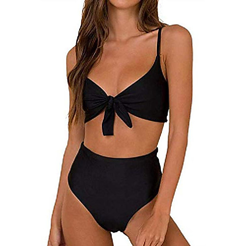 

adisputent high waisted bikini tummy control swimsuits for women sexy tie knot front high rise swimwear two piece swimsuits bathing suits,black,xl