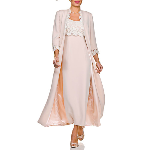 

Two Piece Sheath / Column Mother of the Bride Dress Elegant Jewel Neck Ankle Length Lace Stretch Fabric Sleeveless with Appliques 2021