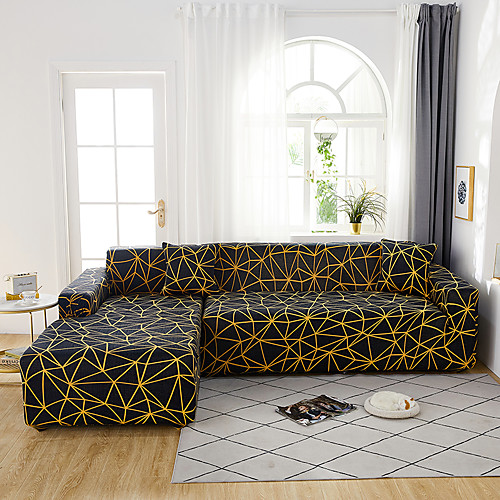 

Black Geometric Print Dustproof All-powerful Slipcovers Stretch L Shape Sofa Cover Super Soft Fabric Couch Cover with One Free Pillow Case