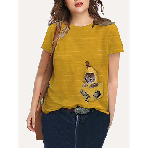 

Women's Plus Size Print Cat Graphic Animal T shirt Large Size Crewneck Short Sleeve Basic Tops XL XXL 3XL Yellow Big Size