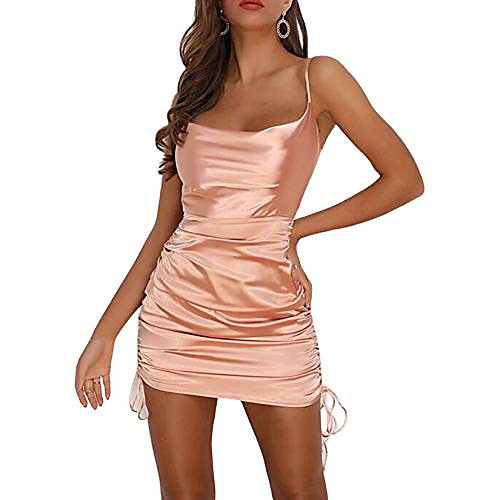 

women's sexy satin silk sleeveless spaghetti strap drawstring ruched bodycon mini party night club dresses (champagne, m)