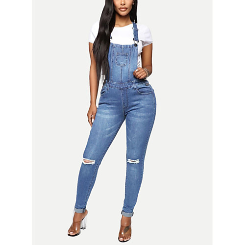 

womens distressed denim overalls with tapered leg and pockets(blue,xl)