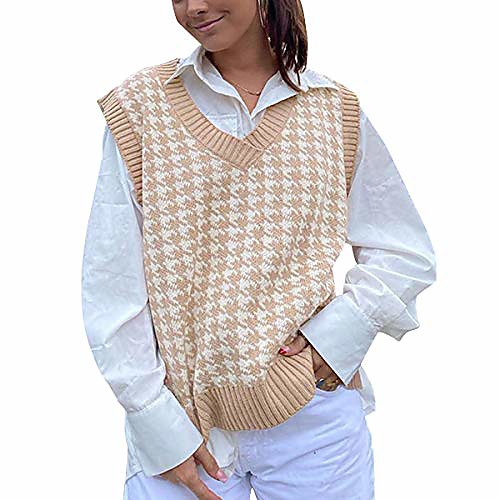 

women's knit sweater vest preppy england style knitwear tank top e-girls 90s plaid sleeveless crop top streetwear (khaki, s)