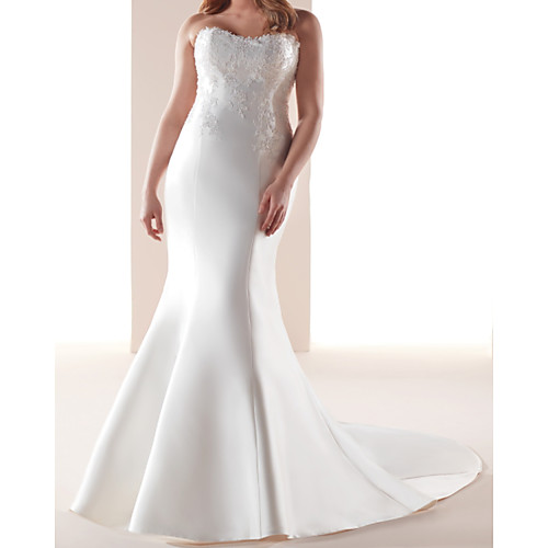 

Mermaid / Trumpet Wedding Dresses Strapless Sweep / Brush Train Italy Satin Sleeveless Romantic Simple with Appliques 2021