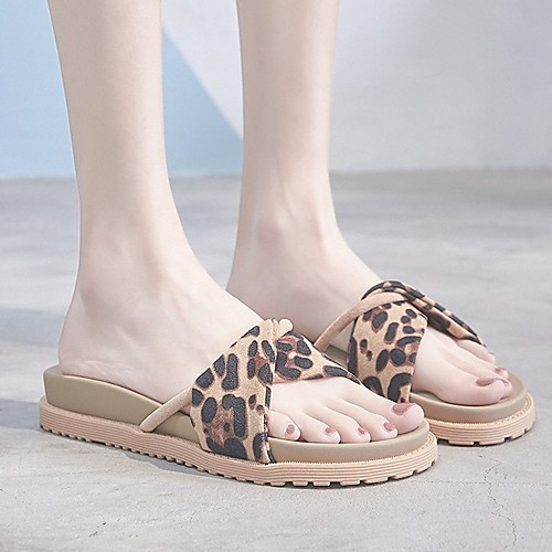 

Women's Sandals Flat Heel Open Toe Flat Sandals Casual Daily Walking Shoes PU Leopard Almond Black