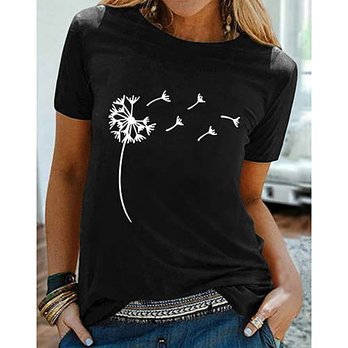 

Women's T shirt Graphic Dandelion Print Round Neck Tops 100% Cotton Basic Basic Top Black