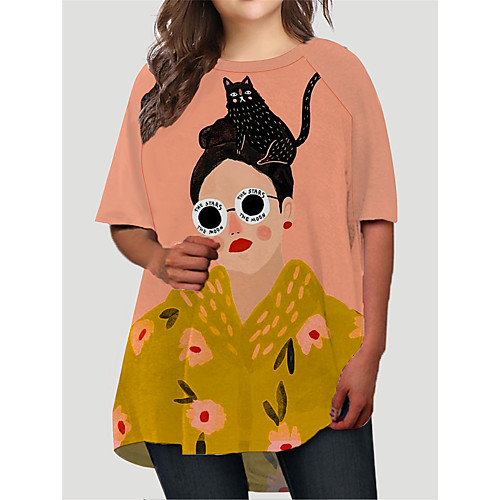 

Women's Plus Size Cat Graphic Portrait Print Basic Half Sleeve Fall Short Mini Dress T Shirt Dress Tee Dress Blushing Pink