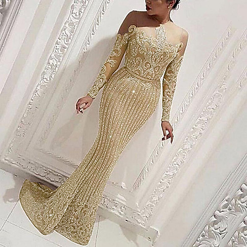 

Women's Trumpet / Mermaid Dress Maxi long Dress Gold Long Sleeve Solid Color Sequins Patchwork Fall Round Neck Elegant Sexy 2021 S M L XL XXL