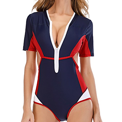 

Women's Rash Guard Diving Swimsuit UV Protection Quick Dry Water Sports Solid Color Color Block Navy Blue Swimwear Bodysuit Scoop Neck Bathing Suits New Neutral Outdoor / Tummy Control / Push Up