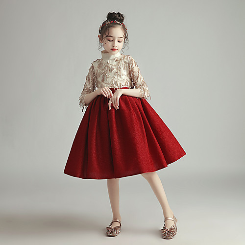 

Princess Knee Length Birthday / Event / Party Flower Girl Dresses - Sequined / Lycra Half Sleeve High Neck with Draping / Color Block / Paillette