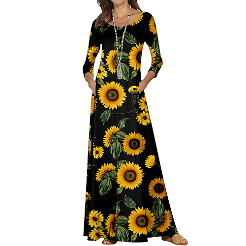 

Women's Sheath Dress Maxi long Dress Black Yellow Long Sleeve Floral Color Block Print Fall Spring Round Neck Casual 2021 S M L XL XXL 3XL