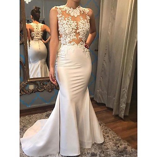 

Mermaid / Trumpet Wedding Dresses High Neck Sweep / Brush Train Lace Satin Sleeveless Romantic Sexy with Pleats Appliques 2021