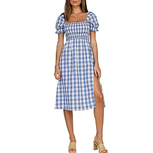 

lovinchic women's summer puff sleeves split midi dress casual plaid square neck long dress blue