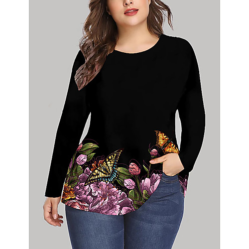 

Women's Plus Size Print Graphic Butterfly Animal T shirt Large Size Crewneck Long Sleeve Tops XL XXL 3XL Black Big Size