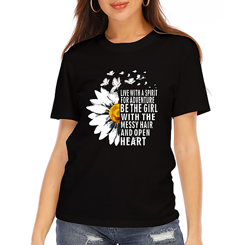 

Women's T shirt Graphic Text Daisy Print Round Neck Tops 100% Cotton Basic Basic Top Black