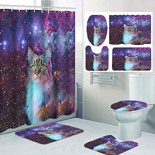 

Starry Sky Cat Pattern Printing Bathroom Shower Curtain Leisure Toilet Four-piece Design